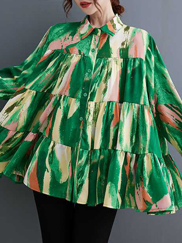 Pleated Printed Split-Joint Long Sleeves Loose Lapel Blouses