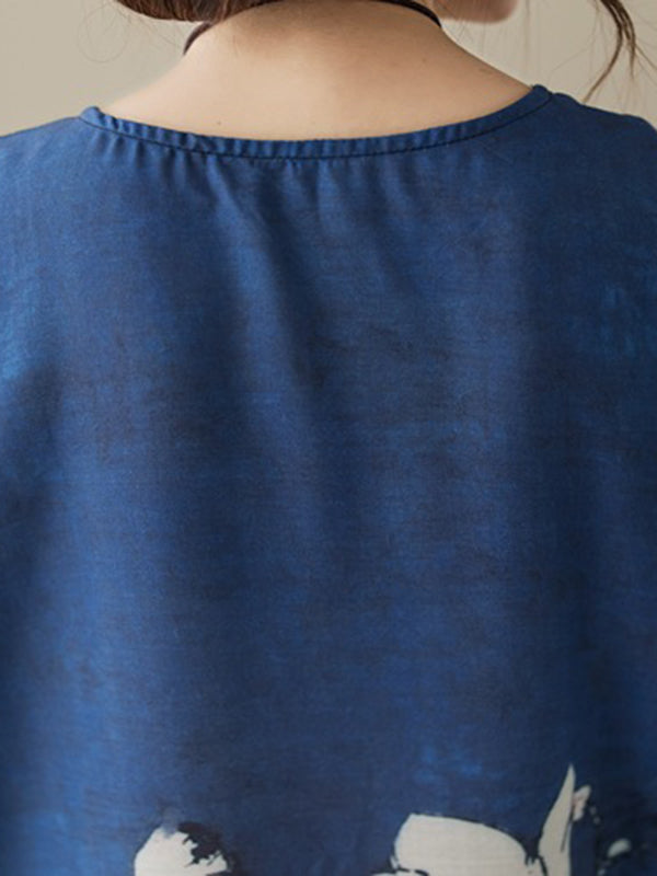 Printed Loose Short Sleeves Round-neck Maxi Dresses