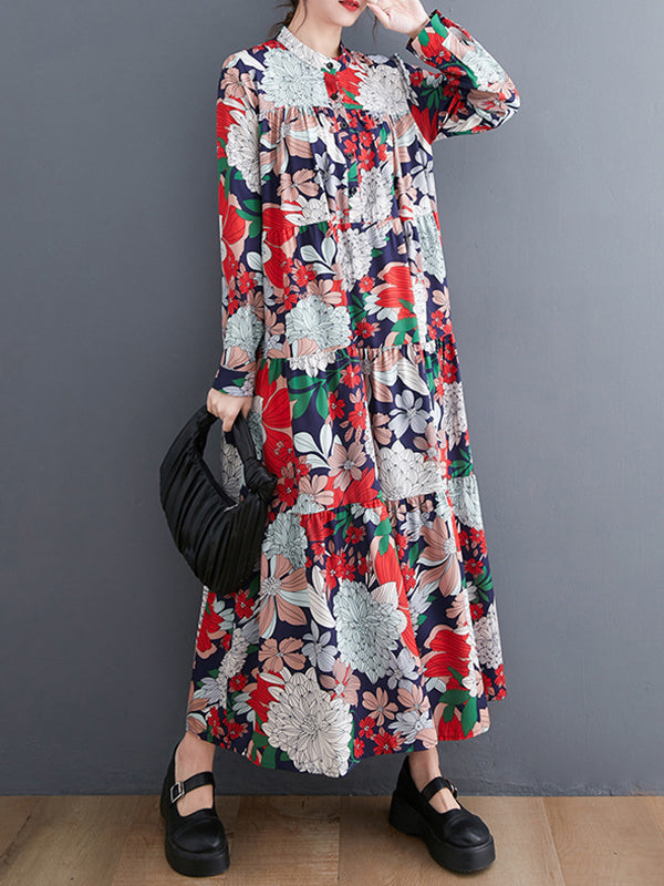 Long Sleeves Loose Floral Printed Round-Neck Midi Dresses