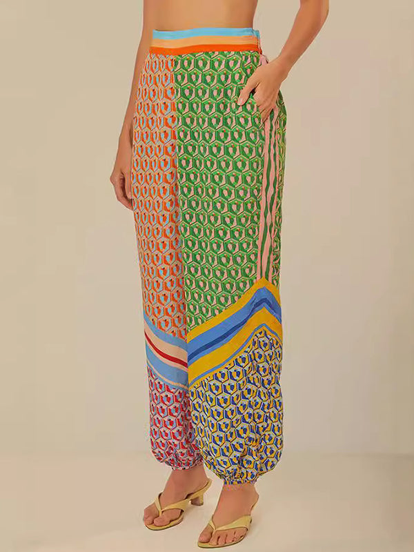 Multi-Color Patchwork Long-Sleeved Lapel Shirt Top + Baggy Pants Pocket Casual Pants Two-Piece Set