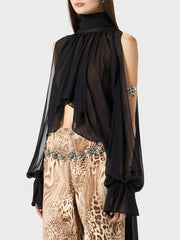 Elasticity Hollow Pleated Solid Color High-Low Long Sleeves Mock Neck Blouses&Shirts Tops