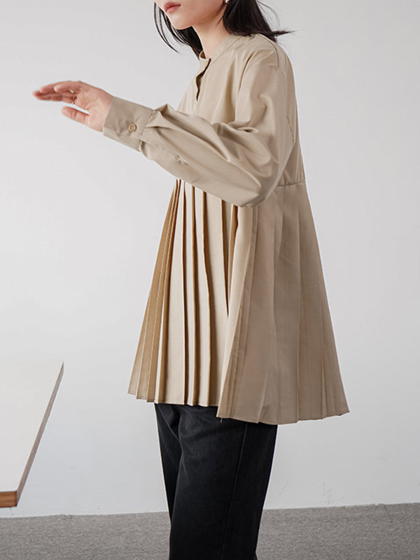 Buttoned Pleated Solid Color Long Sleeves Loose Round-Neck Blouses&Shirts Tops