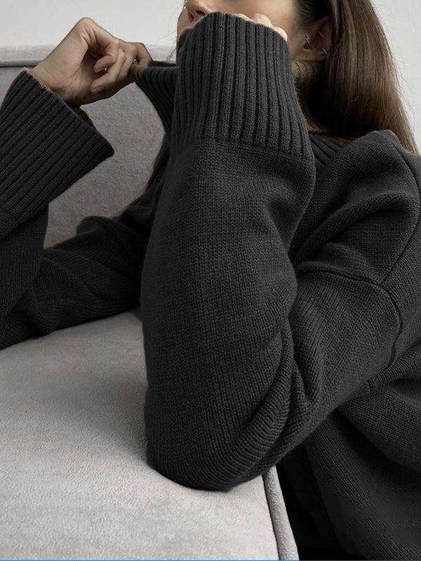 Pleated Solid Color Split-Side Long Sleeves Loose High Neck Sweater Tops
