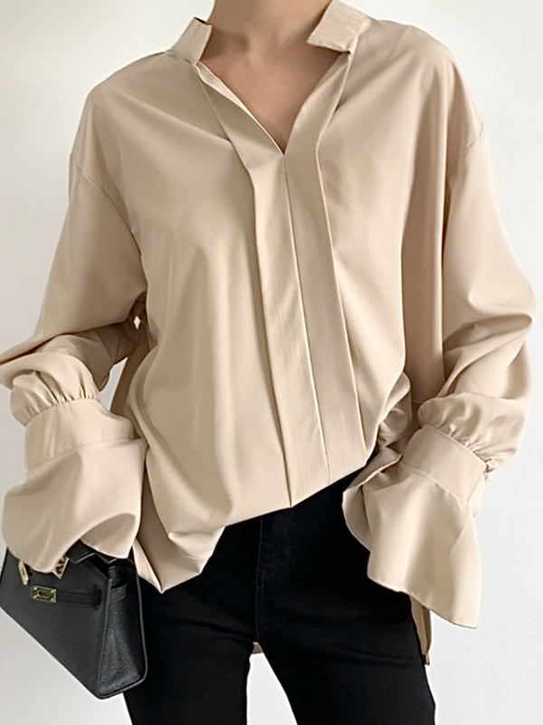 Solid Color Flared Sleeves High-low V-neck Blouses&shirts Tops