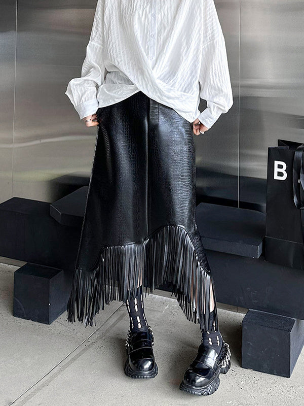 Asymmetric Buttoned Crocodile Texture Solid Color Tasseled A-Line Irregularity Skirts Bottoms