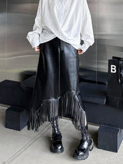 Asymmetric Buttoned Crocodile Texture Solid Color Tasseled A-Line Irregularity Skirts Bottoms