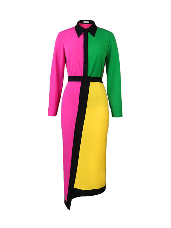 Asymmetric Buttoned Contrast Color Split-back High Waisted Long Sleeves Lapel Midi Dresses