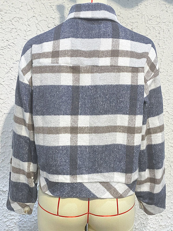 Buttoned Contrast Color Plaid Long Sleeves Loose Lapel Outerwear