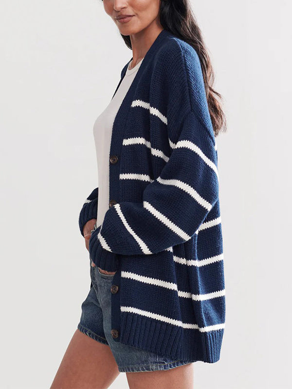 Split-Joint Striped Long Sleeves Loose V-neck Cardigan Tops