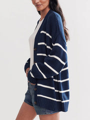 Split-Joint Striped Long Sleeves Loose V-neck Cardigan Tops
