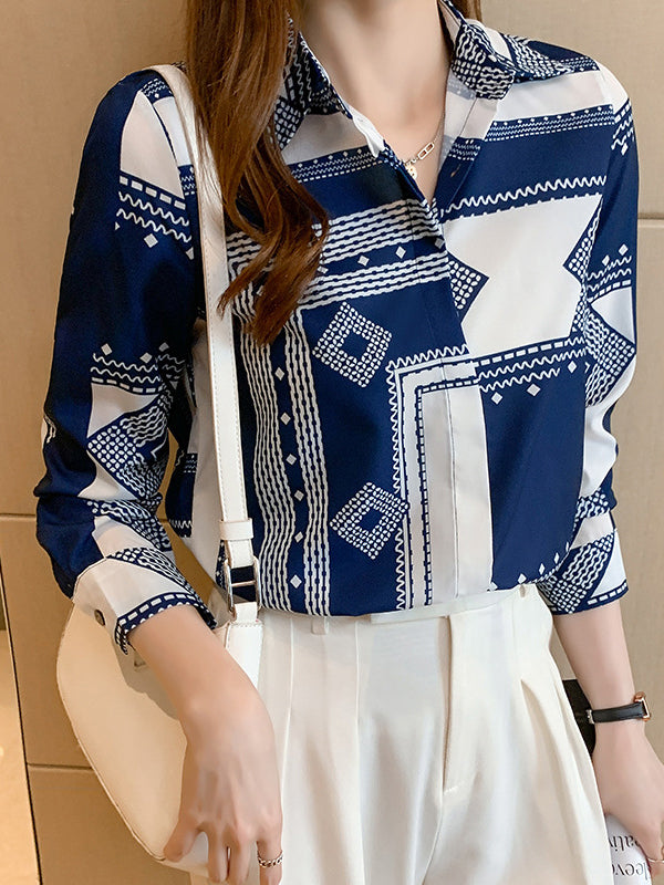 Buttoned Printed Long Sleeves Loose Lapel Blouses&Shirts Tops