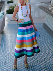 A-Line Loose Belted Contrast Color Split-Joint Striped Skirts Bottoms
