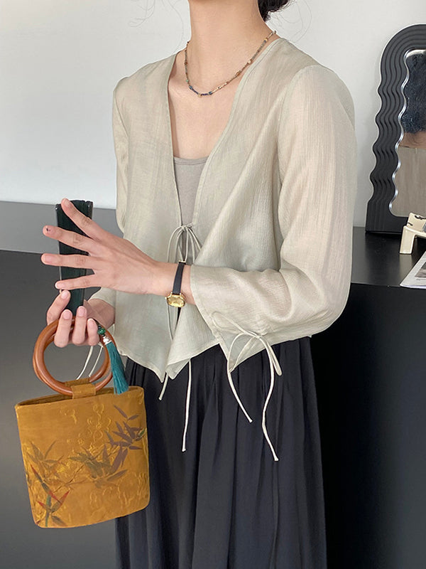 Long Sleeves Lace-Up See-Through Solid Color Blouses&Shirts Tops