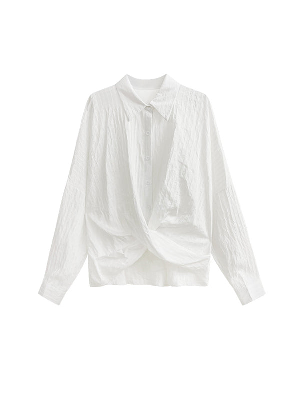 Buttoned Solid Color Long Sleeves Loose Lapel Blouses&Shirts Tops