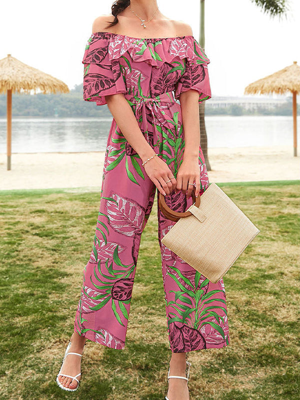 Elasticity Leaves Print Ruffled Tied Waist Half Sleeves Loose Off-The-Shoulder Jumpsuits