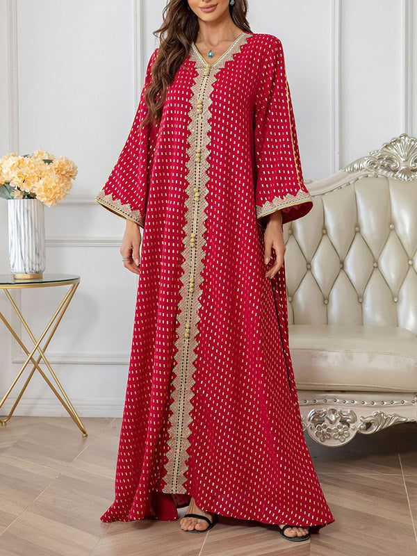 Muslim Polka-Dot Batwing Sleeves Long Sleeves V-Neck Maxi Dresses