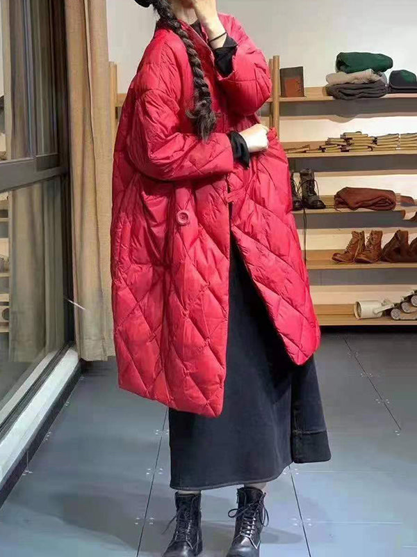 Pockets Rhombic Split-Joint Long Sleeves Loose V-Neck Down Coat