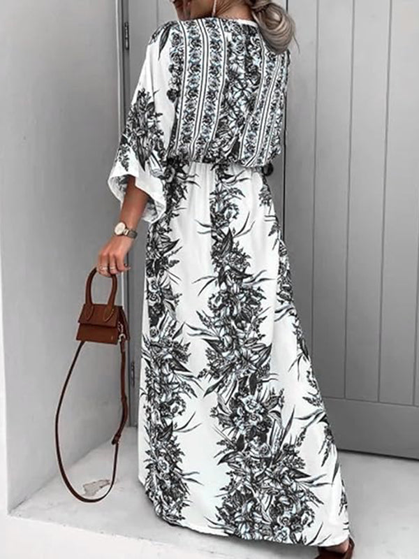 Buttoned Drawstring Flower Print Pleated Tied Waist Long Sleeves Loose V-Neck Maxi Dresses