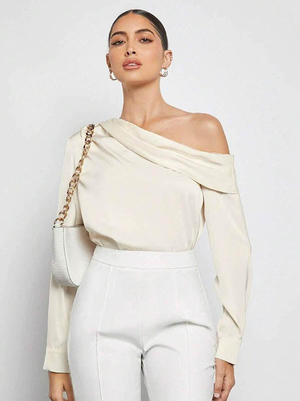 Pleated Solid Color Split-Joint Long Sleeves Skinny One-Shoulder Blouses&Shirts Tops
