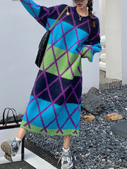 Contrast Color Plaid Split-Joint Long Sleeves Loose Round-Neck Sweater Dresses Midi Dresses