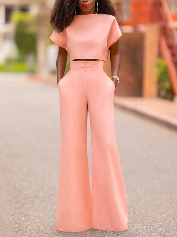 Loose Short Sleeves Solid Color Boat Neck T-Shirt Tops&Pants Two Pieces Set