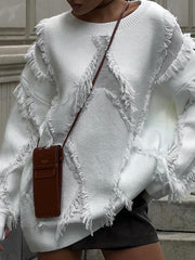 Solid Color Tasseled Long Sleeves Loose Round-Neck Sweater Tops Pullovers