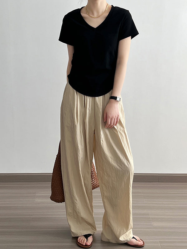 Solid Color Irregular clipping Short Sleeves V-neck T-Shirts Tops
