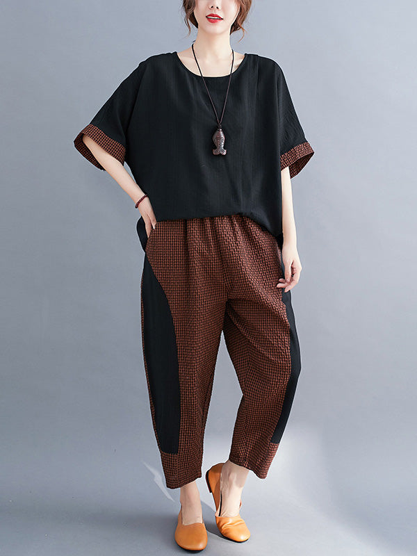Plaid Split-Joint Asymmetric T-Shirt&Pants Suits