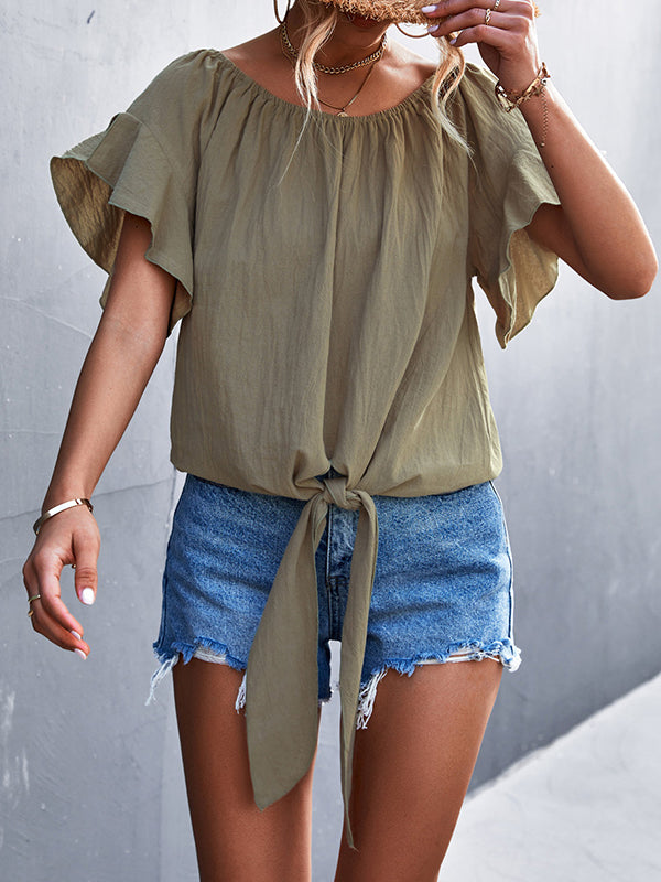 Elasticity Falbala Pleated Solid Color Tied Loose Short Sleeves Round-Neck T-Shirts Tops
