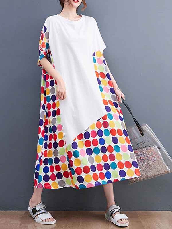Multi-Colored Polka-Dot Split-Joint Loose Short Sleeves Round-Neck Midi Dresses
