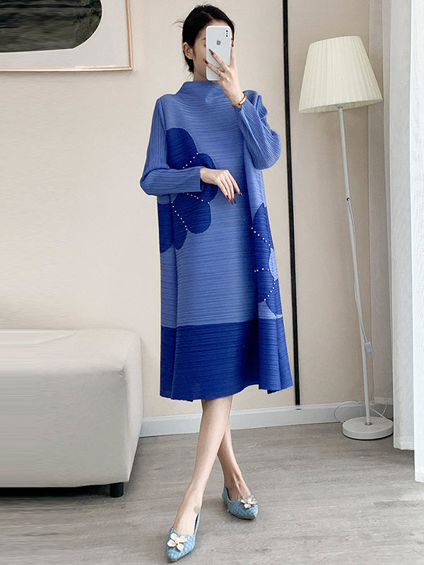 Original Long Sleeves Loose Contrast Color Pleated Beaded Stand Collar Midi Dresses