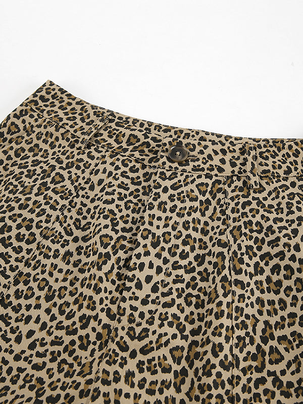 Leopard Printed Split-Joint High Waisted Loose Trousers Pants