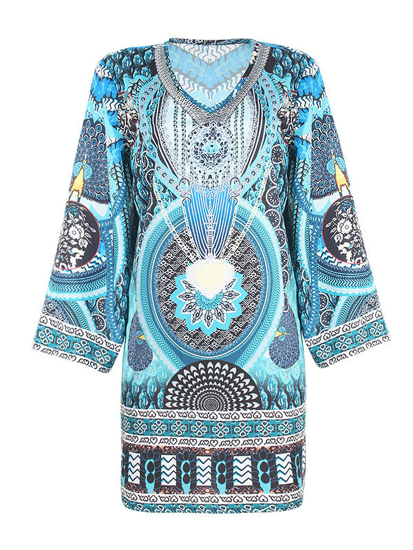Printed Split-Joint A-Line Flared Sleeves V-Neck Mini Dresses