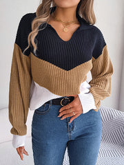 Contrast Color Long Sleeves Loose Lapel Sweater Tops Pullovers