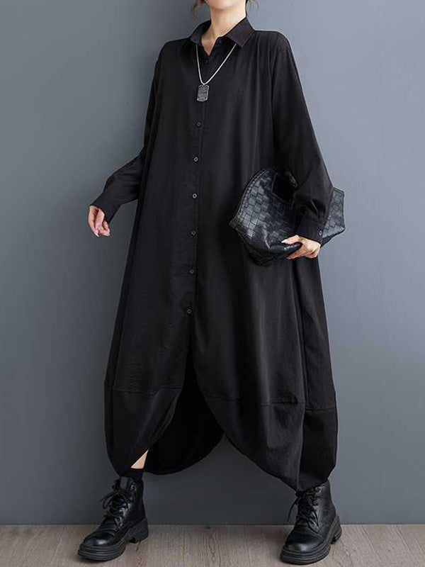 Buttoned Pockets Solid Color Split-Joint A-Line Long Sleeves Lapel Shirt Dress Midi Dresses