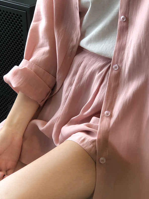 Loose Solid Color Long Sleeves Blouse + Pleated Shorts Two Pieces Set