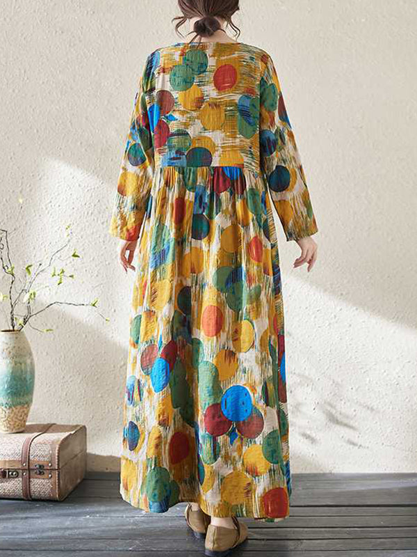 Pleated Polka-Dot Split-Joint A-Line Long Sleeves Round-Neck Maxi Dresses