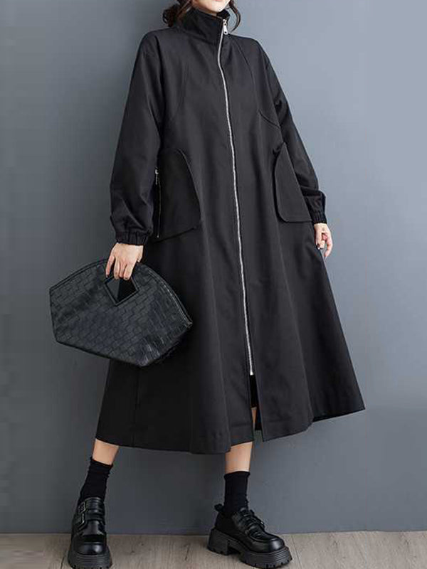 Elasticity Pockets Split-Joint Zipper Long Sleeves Loose High Neck Trench Coats Outerwear