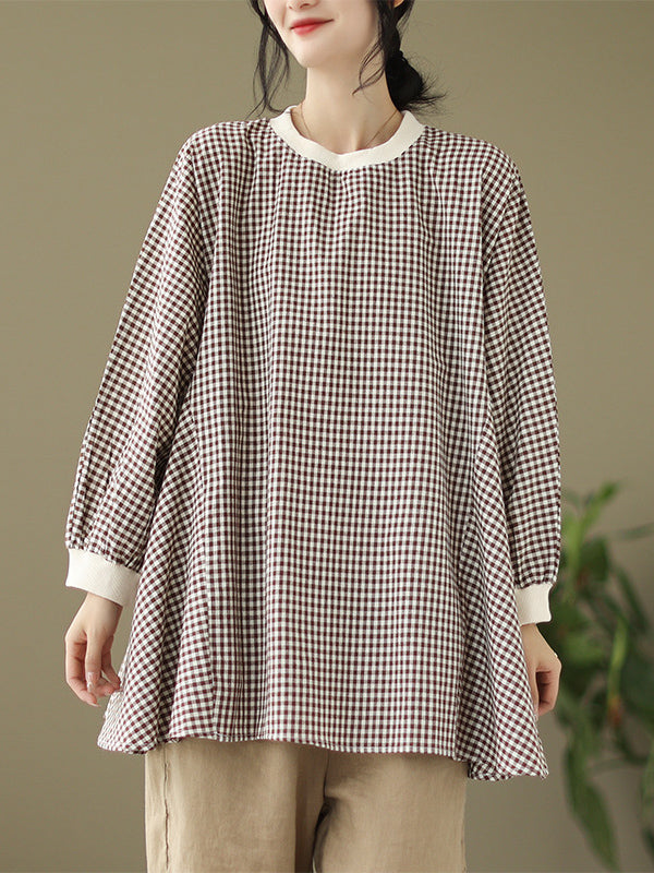 Puff Sleeves Irregularity Plaid Split-Joint Round-Neck T-Shirts Tops