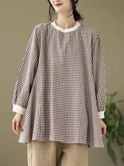 Puff Sleeves Irregularity Plaid Split-Joint Round-Neck T-Shirts Tops