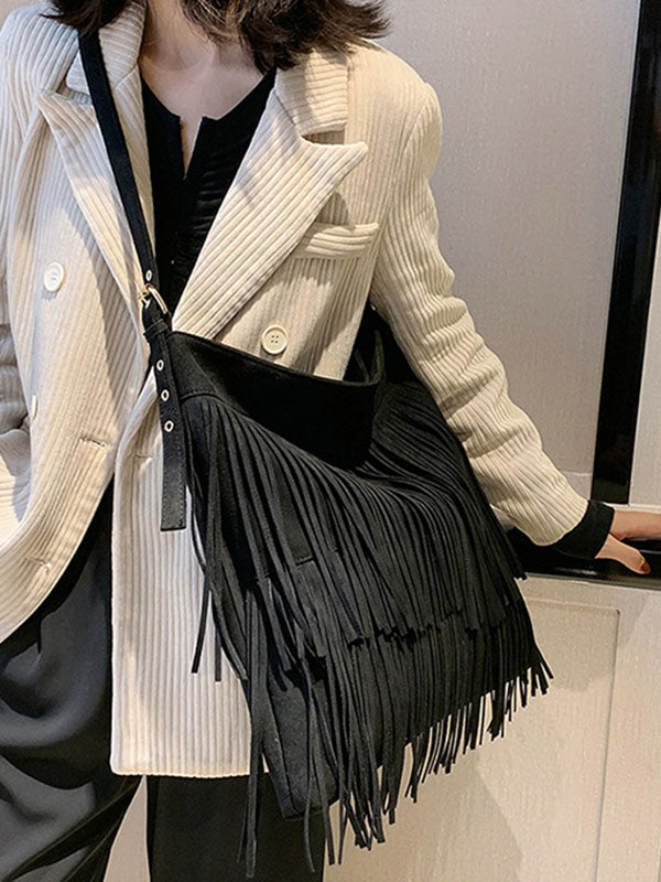 Hollow Solid Color Tasseled Zipper Handbags Crossbody Bags