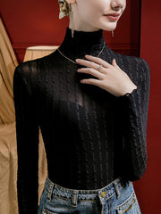 Jacquard See-Through Solid Color Split-Joint Long Sleeves Plus Size High Neck T-Shirts Tops