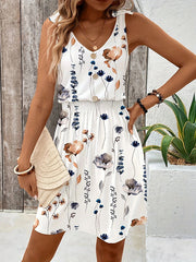 Buttoned Elasticity Flower Print Tied Loose Sleeveless V-neck Mini Dresses