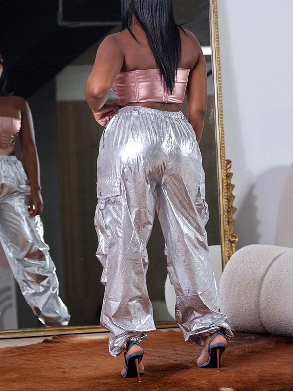 Drawstring Elasticity Pockets Split-Joint High Waisted Loose Trousers Pants