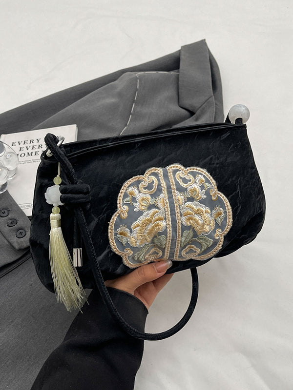 Embroidered Pleated Tasseled Zipper Crossbody Bags