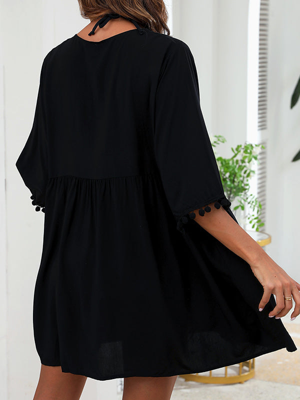 Hollow Solid Color Tasseled Half Sleeves Loose V-Neck Mini Dresses Cover-Up