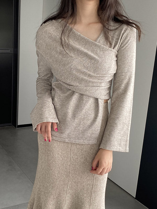 Asymmetric Solid Color Long Sleeves Loose V-Neck T-Shirts Tops