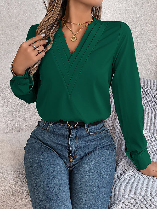 Pleated Solid Color Split-Joint Long Sleeves Loose V-Neck T-Shirts Tops