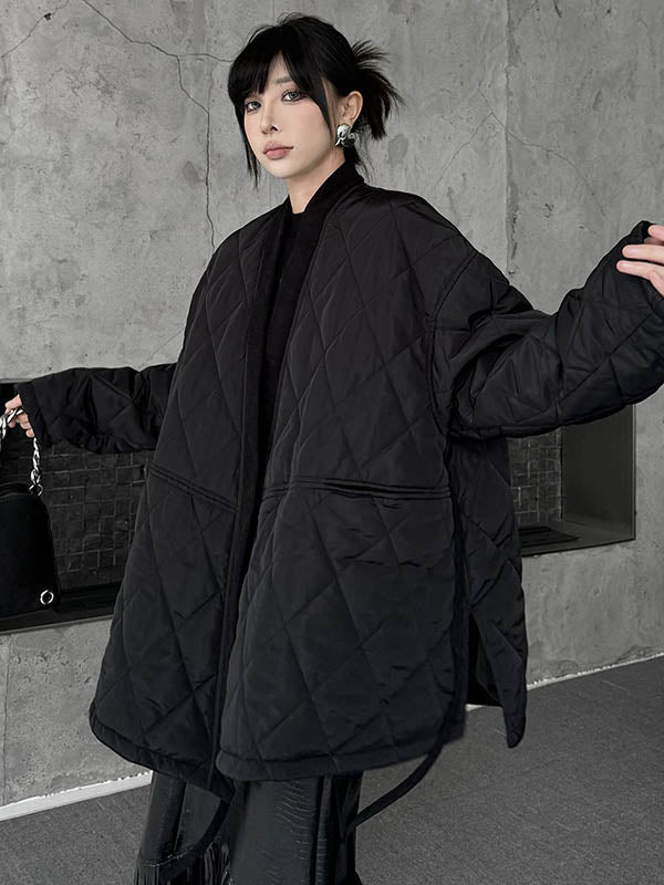 Plaid Quilted Solid Color Split-Joint Tied Long Sleeves Loose Collarless Padded Coat Outerwear