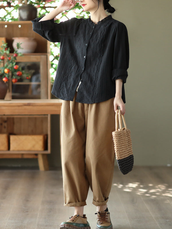 Embroidered Long Sleeves Loose Round-Neck Blouses&Shirts Tops